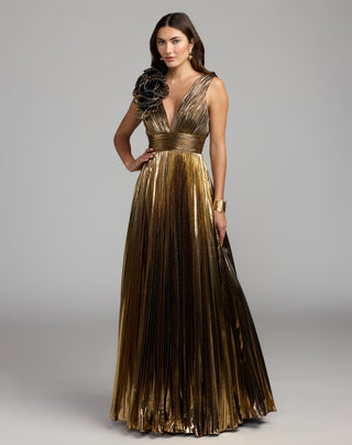 Metallic V Neck Sleeveless Ballgown With Ruffle - size 8