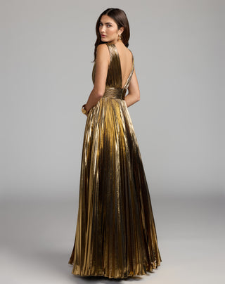 Metallic V Neck Sleeveless Ballgown With Ruffle - size 8
