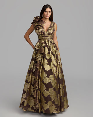 Metallic Chiffon V Neck Ruffle Detail Ballgown - size 6