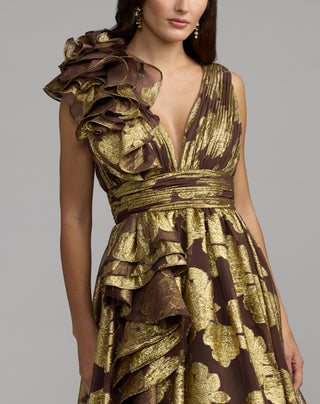 Metallic Chiffon V Neck Ruffle Detail Ballgown - size 6