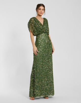 Sequin Mesh V Neck Kimono Sleeve A Line Gown - size 8