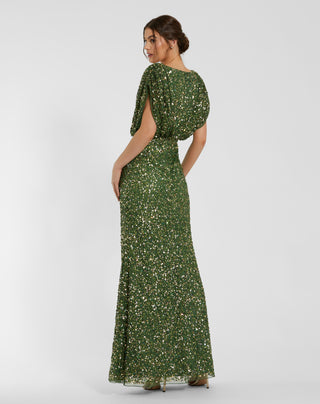 Sequin Mesh V Neck Kimono Sleeve A Line Gown - size 8
