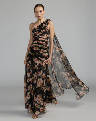 Floral Printed Chiffon One Shoulder Mermaid Gown - size 4