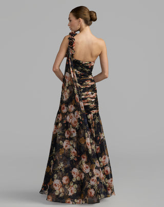 Floral Printed Chiffon One Shoulder Mermaid Gown - size 4