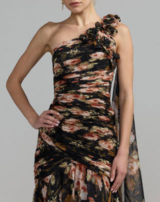 Floral Printed Chiffon One Shoulder Mermaid Gown - size 4