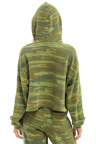 X-SMALL - AVIATOR NATION - 5 STRIPE RELAXED CROPPED PULLOVER HOODIE - CAMO // LIME // AQUA