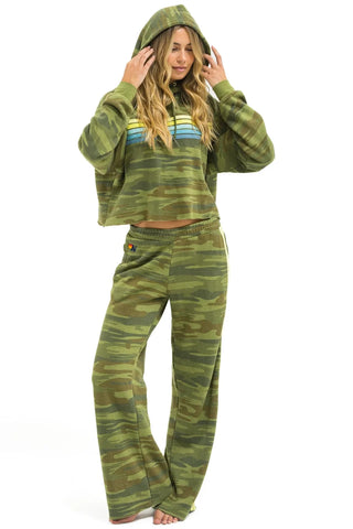 X-SMALL - AVIATOR NATION - 5 STRIPE RELAXED CROPPED PULLOVER HOODIE - CAMO // LIME // AQUA